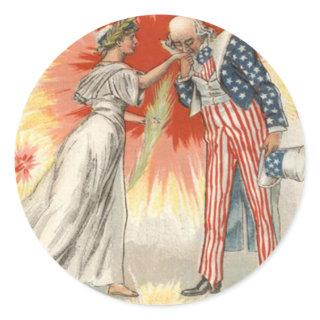 Uncle Sam Lady Liberty US Flag Fireworks Classic Round Sticker