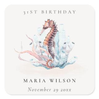 Underwater Seahorse Seaweed Coral Any Age Birthday Square Sticker