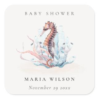 Underwater Seahorse Seaweed Coral Baby Shower Square Sticker