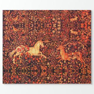 UNICORN AND DEER,FLOWERS,FOREST ANIMALS Red Floral