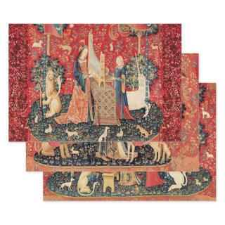 UNICORN AND LADY PLAYING ORGAN Red Floral Tapestry  Sheets