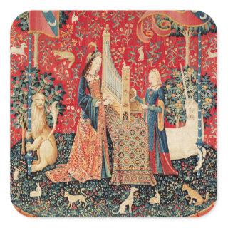 UNICORN AND LADY PLAYING ORGAN Red Green Floral Square Sticker