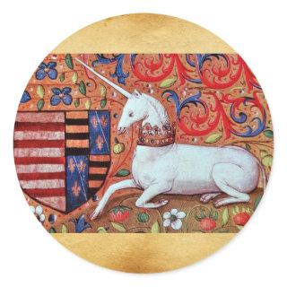 UNICORN AND MEDIEVAL FLOWERS,FANTASY FLORAL MOTIFS CLASSIC ROUND STICKER