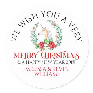Unicorn and poinsettia Merry Christmas typography Classic Round Sticker