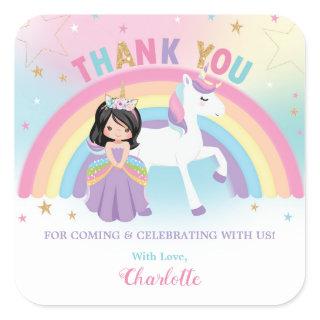 Unicorn and Princess Birthday Thank You Favor Square Sticker