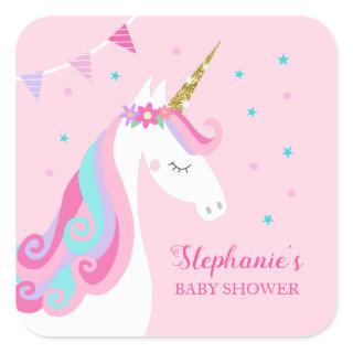 Unicorn Baby Shower Pink Square Sticker