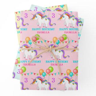 Unicorn Birthday Personalize Name 3 Colorful  Sheets