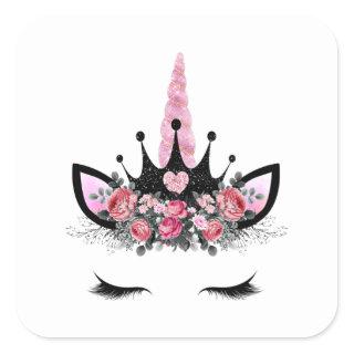Unicorn eyelashes, Watercolor flower, Glitter horn Square Sticker