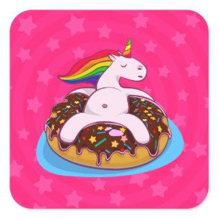 Unicorn floating on a Donut Square Sticker