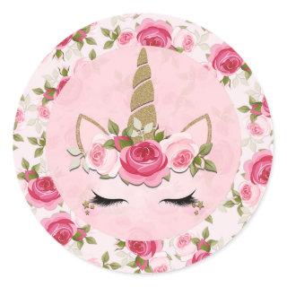 Unicorn Gold Pink Floral Roses Cute Trendy  Classic Round Sticker