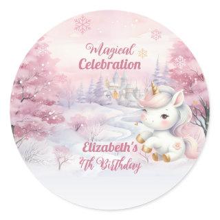 Unicorn Magical Celebration 4th Birthday Party Classic Round Sticker