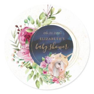 unicorn magical floral baby shower classic round sticker