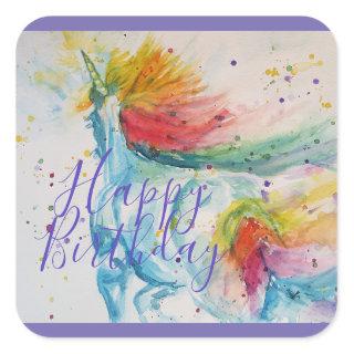 Unicorn Painting Happy Birthday Watercolour Art Square Sticker