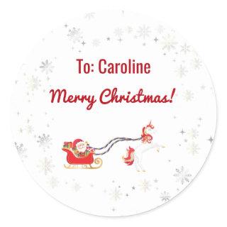 Unicorn Pulling Santa's Sleigh Name Merry Xmas Classic Round Sticker