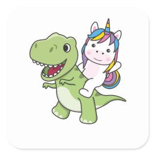 Unicorn Rides On Trex Cute Dinosaur With Unicorns Square Sticker
