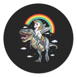 Unicorn Riding Trex Dinosaur Momicorn Rainbow For  Classic Round Sticker