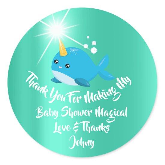 Unicorn Sea Whale Favor Thank Baby Shower Mint Blu Classic Round Sticker