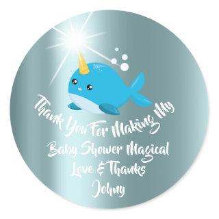 Unicorn Sea Whale Favors Thank Baby Shower Blue Classic Round Sticker