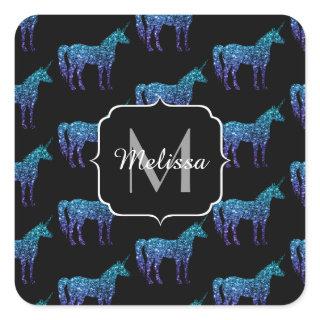 Unicorn Sparkles aqua blue ombre pattern Monogram Square Sticker