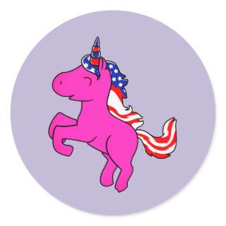 Unicorn Yarrow Pink Patriotic USA Flag Mane Art Classic Round Sticker