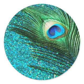 Unique Aqua Peacock Classic Round Sticker