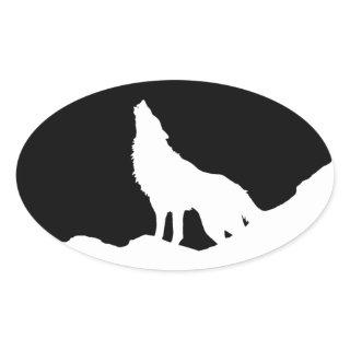 Unique Black & White Pop Art Wolf Silhouette Oval Sticker