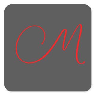 Unique grey red calligraphy monogram name initial square sticker