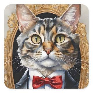 Unique Watercolor Tabby Cat Tuxedo Blue Bow Tie Square Sticker