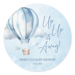 Up Up and Away! Blue Hot Air Balloon Baby Shower Classic Round Sticker
