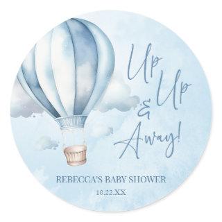 Up Up and Away! Blue Hot Air Balloon Baby Shower Classic Round Sticker