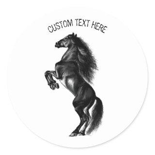 Upright Black Wild Horse - Black and White Drawing Classic Round Sticker