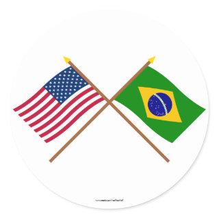 US and Brazil Crossed Flags Classic Round Sticker