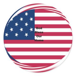 USA flag with God Bless our Home text art design  Classic Round Sticker