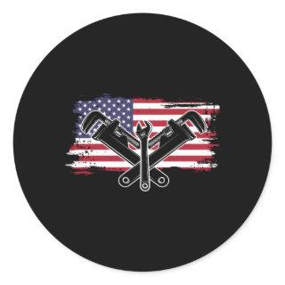 Usa Flag Wrench Plumbing Pipe Plunger Pipefitter Classic Round Sticker