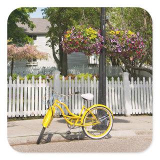 USA, Michigan, Mackinac Island. Yellow Bike Square Sticker