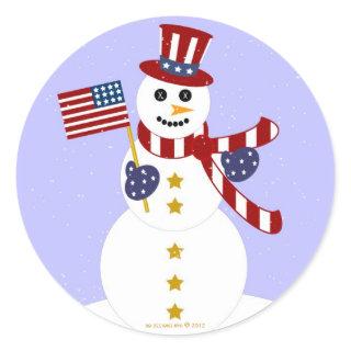 USA Patriotic Snowman with Flag Round Stickers