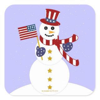 USA Patriotic Snowman with Flag Square Stickers
