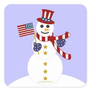 USA Patriotic Snowman with Flag Square Stickers