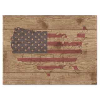 USA Shape American Flag Over Rustic Wood Patriotic Tissue Paper
