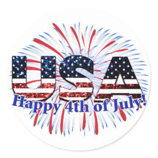USA text flag glitters fireworks Happy 4th of July Classic Round Sticker