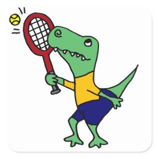 UV- Funny T-Rex Dinosaur Playing Tennis Cartoon Square Sticker