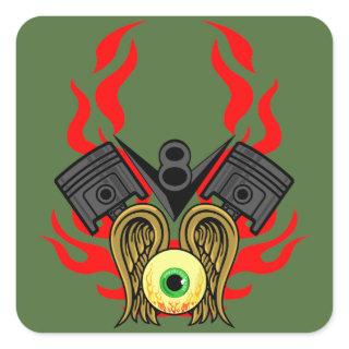 V8 Piston Heads Flying Eye Square Sticker
