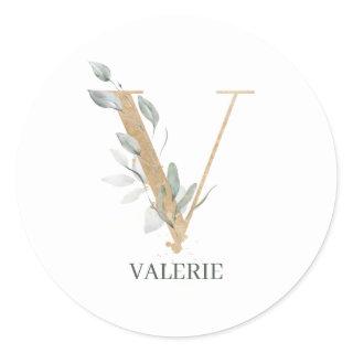 V Monogram Floral Personalized Classic Round Sticker