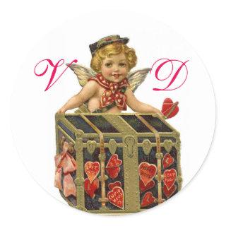 VALENTINE CUPID AND COFFER FULL OF HEARTS MONOGRAM CLASSIC ROUND STICKER