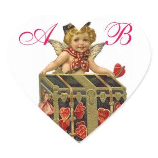 VALENTINE CUPID AND COFFER FULL OF HEARTS MONOGRAM HEART STICKER