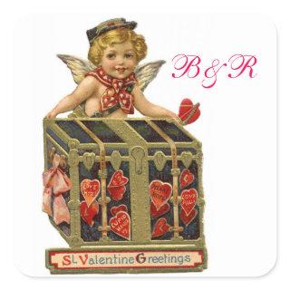 VALENTINE CUPID AND COFFER FULL OF HEARTS MONOGRAM SQUARE STICKER