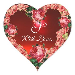 VALENTINE'S DAY HEART WITH PINK ROSES MONOGRAM HEART STICKER