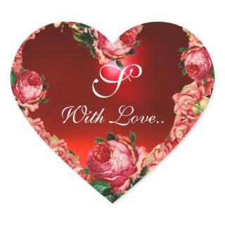 VALENTINE'S DAY HEART WITH PINK ROSES MONOGRAM HEART STICKER