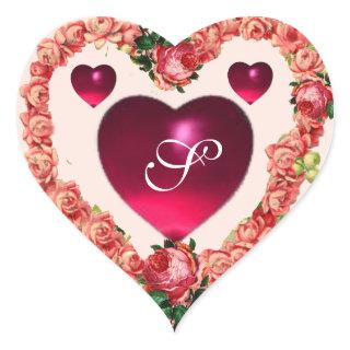 VALENTINE'S DAY HEART WITH PINK ROSES MONOGRAM HEART STICKER
