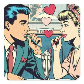 Valentine's Day | Retro Couple Drinking Milkshakes Square Sticker
